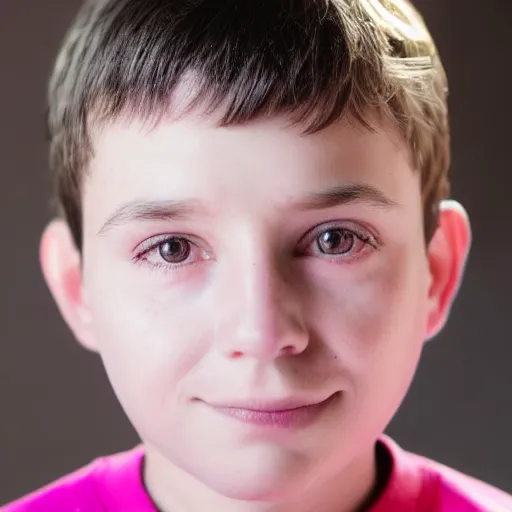 Prompt: closeup portrait of 8 year old boy, thick lips, very pink face, thin eyebrows, short light brown hair, facebook post