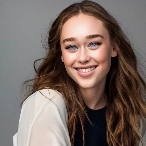 Prompt: alycia debnam carey smiling and standing while posing for a photo, award winning photography, hdr, studio lighting, dynamic pose, medium close shot, shot on canon eos r 5, f / 2. 5,