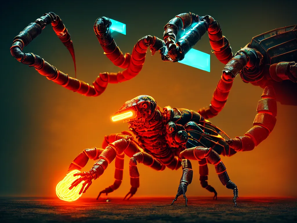 Image similar to A frightening gigantic evil robot scorpion devouring books with pipes and tubes and wires, hyperealistic very colourful hdr cinematic lighting cgi render photorealistic cinematic octane render