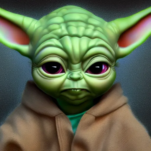 Image similar to Baby Yoda, portrait, fantasy, medieval, vivid colors, elegant, concept art, sharp focus, digital art, Hyper-realistic, 4K, Unreal Engine, Highly Detailed, HD, Dramatic Lighting by Brom, trending on Artstation