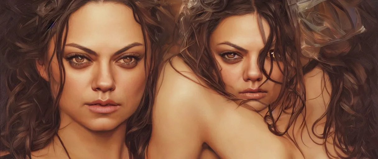 Prompt: portrait of Mila Kunis as a heroine staring into the camera, artstation, intricate, elegant, highly detailed, art by Donato Giancola, Joseph Christian Leyendecker, WLOP, Boris Vallejo, Artgerm