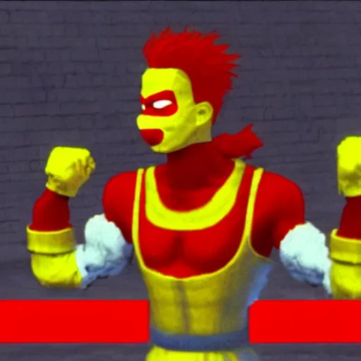 Image similar to screenshot of ronald mcdonald, white face, red afro, red nose and yellow outfit as fight enemy in 9 0's mortal kombat 3, mk 3, mortal kombat 3, sega genesis video game, upscaled to high resolution