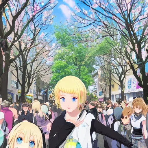 Image similar to blonde - haired princess, anime princess, wearing black jacket and white leggings, looking through crowd, town street, festival street, trees, green trees, blue lighting, blue sunshine, strong lighting, strong shadows, vivid hues, ultra - realistic, sharp details, subsurface scattering, intricate details, hd anime, 2 0 1 9 anime