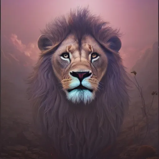 Image similar to highly detailed surreal vfx portrait of a lion stephen bliss, unreal engine, greg rutkowski, loish, rhads, beeple, makoto shinkai and lois van baarle, ilya kuvshinov, rossdraws, tom bagshaw, alphonse mucha, global illumination, detailed and intricate environment