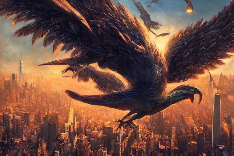 Image similar to giant bird destroys New York, giant bird monster, dramatic oil painting, volumetrics, explosions, cityscape, by WLOP, by Artgerm