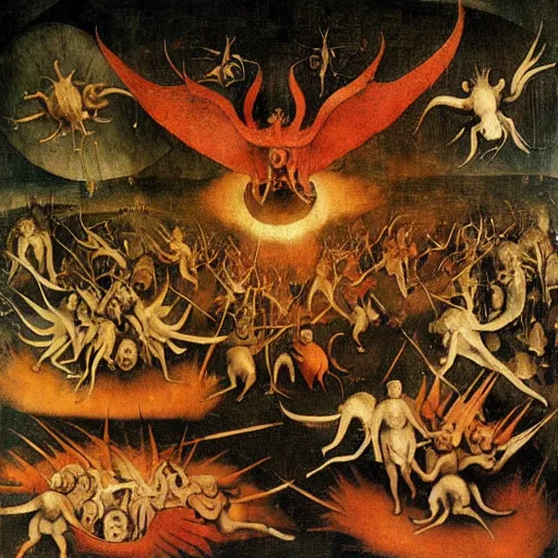 Image similar to vision of hell with winged demons flying over the flames art by : hieronymus bosch, albrecht durer hans memling leonardo da vinci francisco goya pieter bruegel the elder jan van eyck