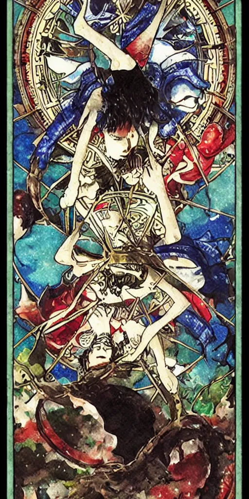 Prompt: balanced Wheel of Fortune tarot card by Koyoharu Gotouge