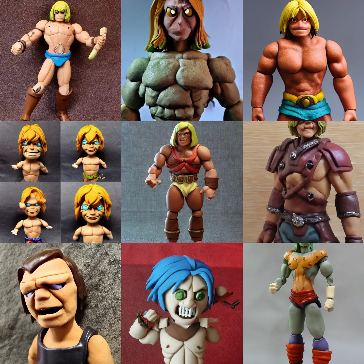 Prompt: real he-man mangal!! clay! close detailed sculpted head , style: manga claymation puppet kids clay , by guldies
