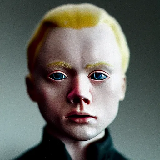 Image similar to realistic expired fuji film portrait of young albino leonardo dicaprio, hyperrealism, photorealistic, detailed, atmospheric, 8 k, award winning photography, cinematic