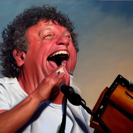 Image similar to Caricature portraits done of Gene Ween singing live on stage, realistic, hyperrealistic, very realistic, highly detailed, very detailed, extremely detailed, detailed, oil painting, digital art, trending on artstation