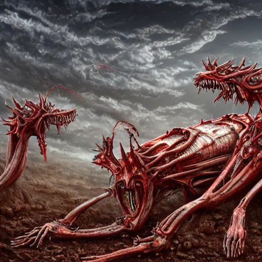 Prompt: conjoined demon twins emerging from pile of corpses in a desert hellscape covered in blood by Yoshitaka Amano, by HR Giger, biomechanical, 4k, hyper detailed, hyperrealism, anime, a Broken World demons flying overhead, red sky, blood and body parts, deviantart, artstation