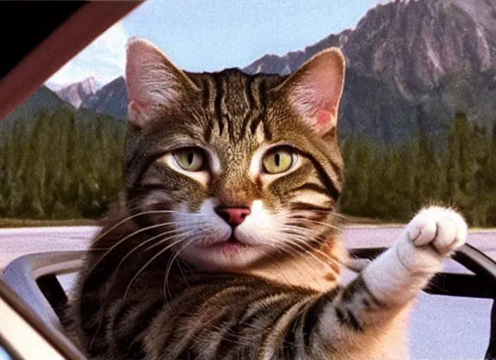 Image similar to A very high resolution image from a new movie, a cat driving a car around, inside of a car , mountains, Polaroid, directed by wes anderson