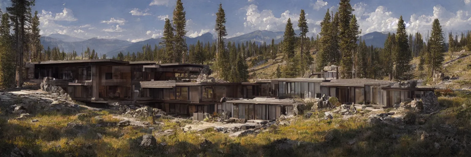 Prompt: a modern home on the side of a mountain in yellowstone national park, 8k, james gurney, greg rutkowski, john howe, artstation