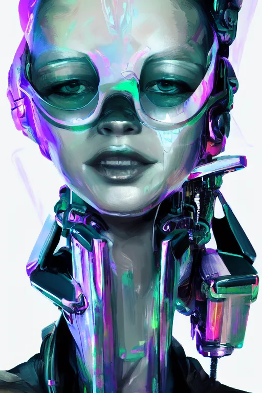 Image similar to portrait, headshot, digital painting, an beautiful techno - shaman cyborg lady, smiling, pearlescent, synthwave, glitch, fracture,, realistic, hyperdetailed, chiaroscuro, concept art, octane render, art by syd mead