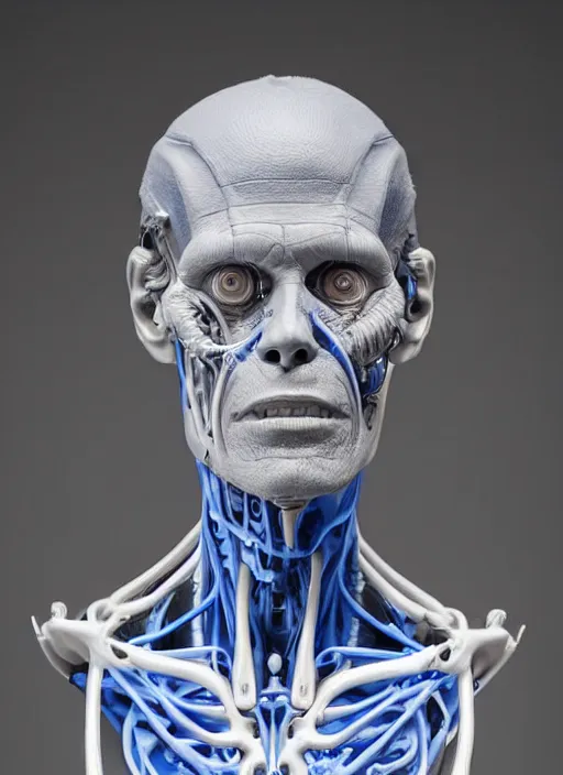 Prompt: a bust sculpture of anatomical detailed cyborg, willem dafoe, blue blood, become human, ceramic base, orthographic, studio lighting