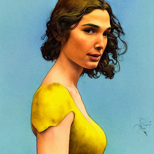 Prompt: realistic portrait of gal gadot in a banana costume, detailed art by maxfield parrish and jessie willcox smith, illustration style, watercolor