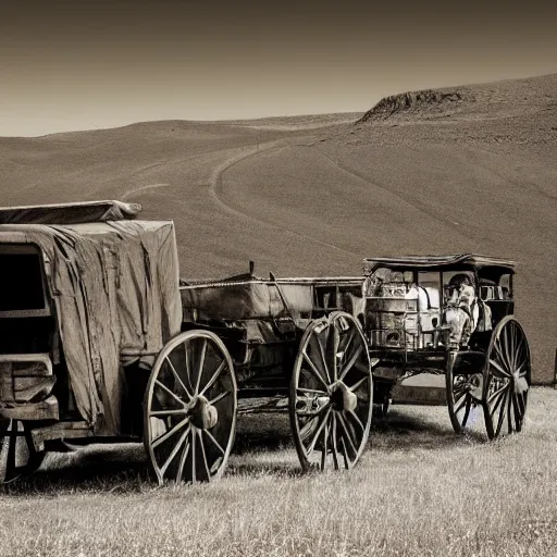 Prompt: a monochromatic sepia photograph of a delorean traveling with covered wagons and cattle on the oregon trail, trending on art station,