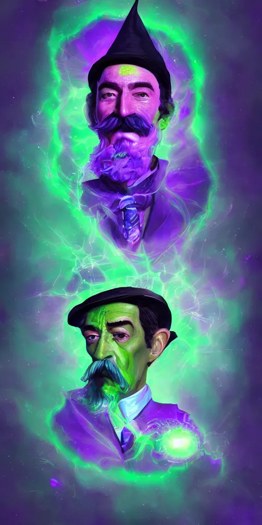 Image similar to a wizard with a salvador dali moustache in space, purple and green colors, digital painting, volumetric lighting, 8k, artstation