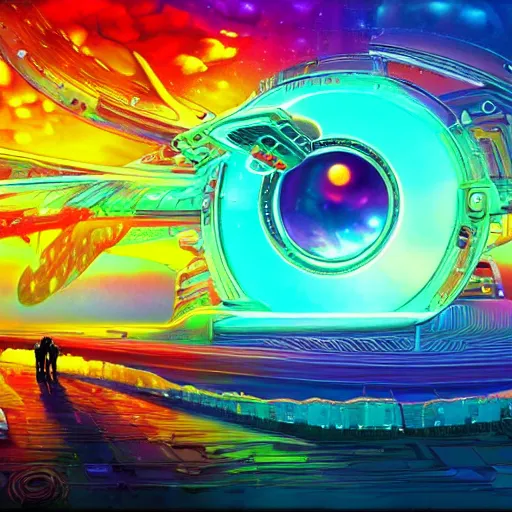 Prompt: vibrant vivid stylish sci fi digital landscape painting with giant cybernetic ring, smooth gradient colorings, moebius style artwork, psychedellic surrealism pastel color painting