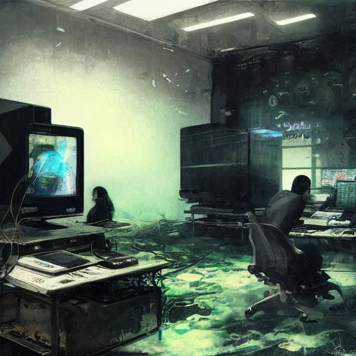 Image similar to portrait of lain iwakura, background room full of cables and computers by yoshitoshi abe, ruan jia and joao ruas, atmospheric, green and blue tones