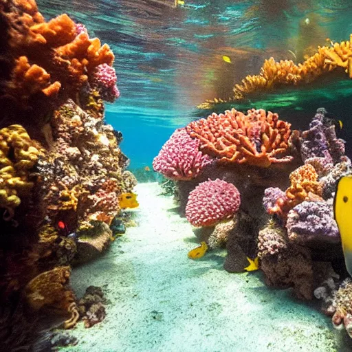 Prompt: An (abandoned) underwater road surrounded by colourful corals, fish and other sea life
