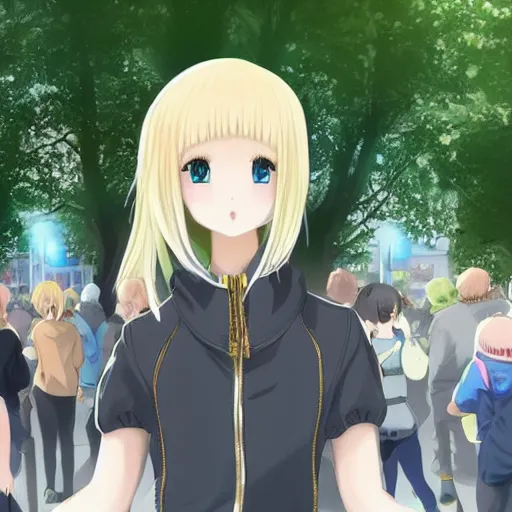 Image similar to blonde - haired princess, anime princess, wearing black jacket and white leggings, looking through crowd, town street, festival street, trees, green trees, blue lighting, blue sunshine, strong lighting, strong shadows, vivid hues, ultra - realistic, sharp details, subsurface scattering, intricate details, hd anime, 2 0 1 9 anime