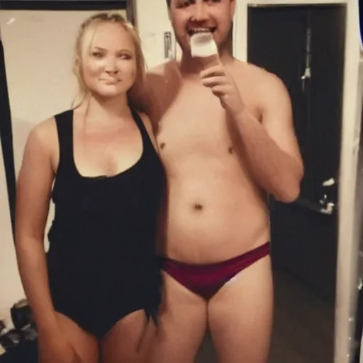 Image similar to photo of a 4 0 year old man that looks young for his age dating a very attractive 2 2 year old woman wearing a bikini. they are in a college dorm.