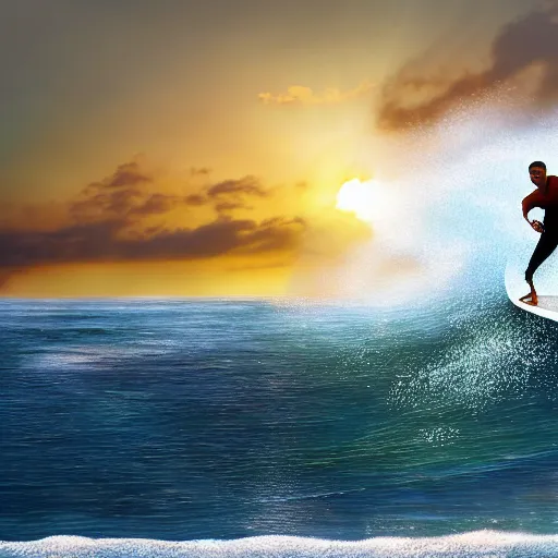 Image similar to barack obama surfing in rough surf with drink in hand, realistic, high detail, volumetric lighting, sunset