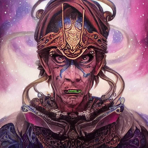 Prompt: a WLOP painting of Very very very very highly detailed mystic, enigmatic, strange portrait of a phantom warrior with galaxy, tattoos by Anton Pieck, intricate, extremely detailed, digital painting, artstation, concept art, smooth, sharp focus, illustration, intimidating lighting, incredible art,