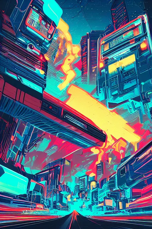 Image similar to thunders in the sky in a future cybernetic city, outrun style and colours, trending on arstation, by dan mumford, by ross tran