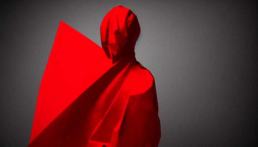 Image similar to enigmatic figure wrapped in red sheet in darkness, high contrast, hard light, digital art, rendering, cloth simulation, redshift