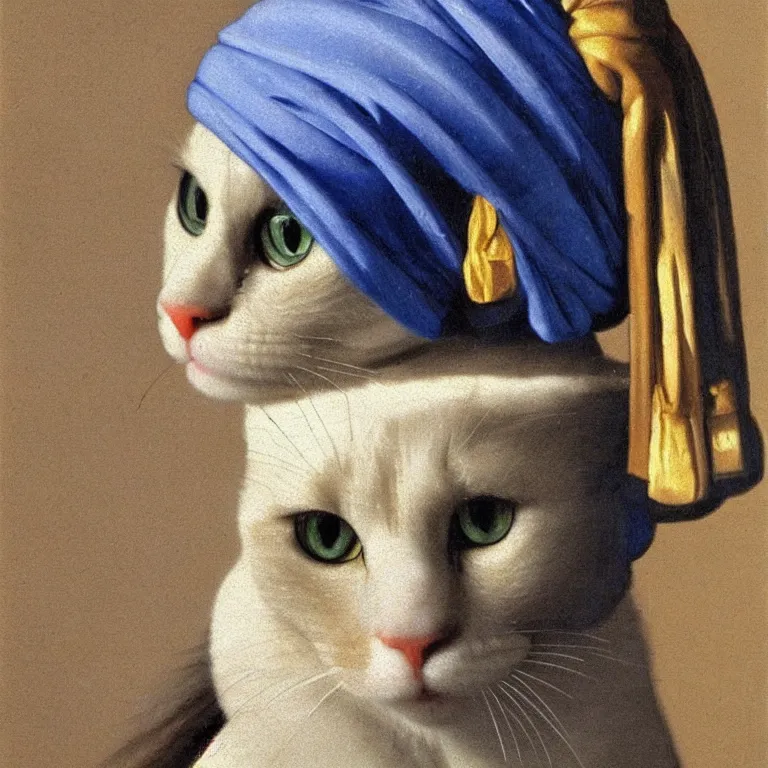 Prompt: A beautiful ragdoll cat with a pearl earring by Johannes Vermeer