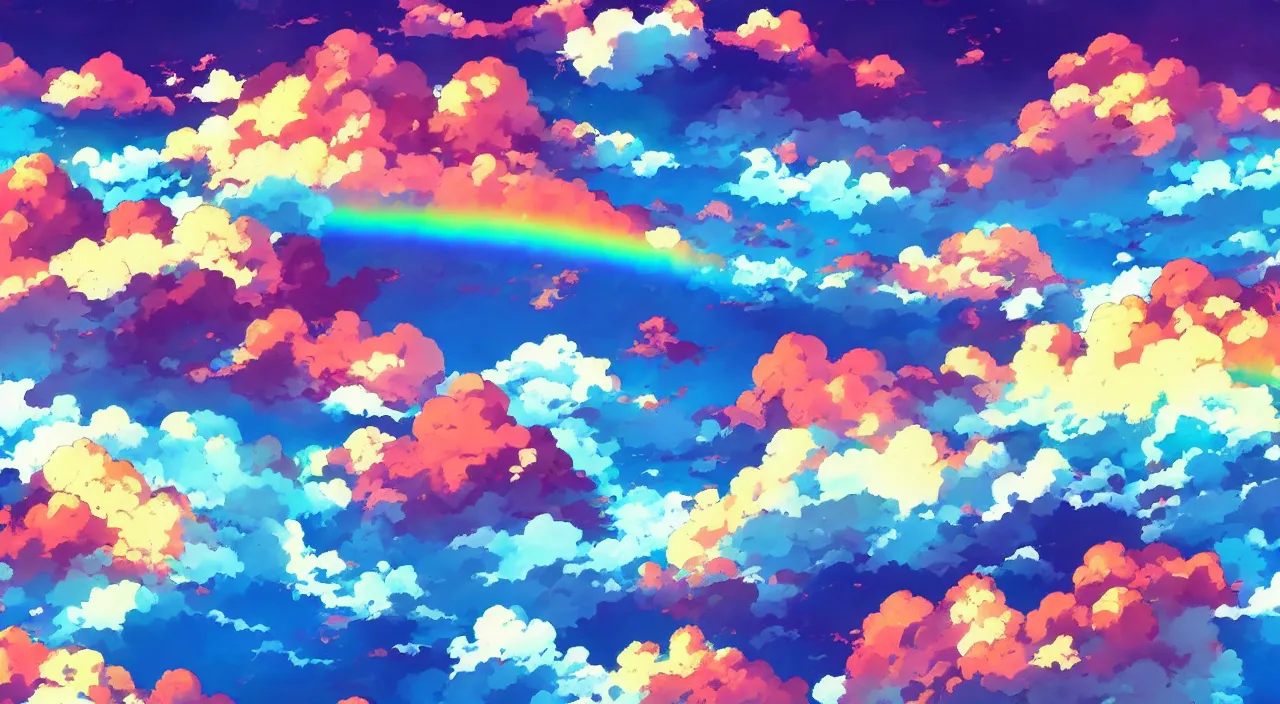 Prompt: anime landscape wallpaper, rainbow clouds