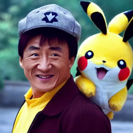 Image similar to jackie chan as a pikachu, the pikachu has the face of jackie chan