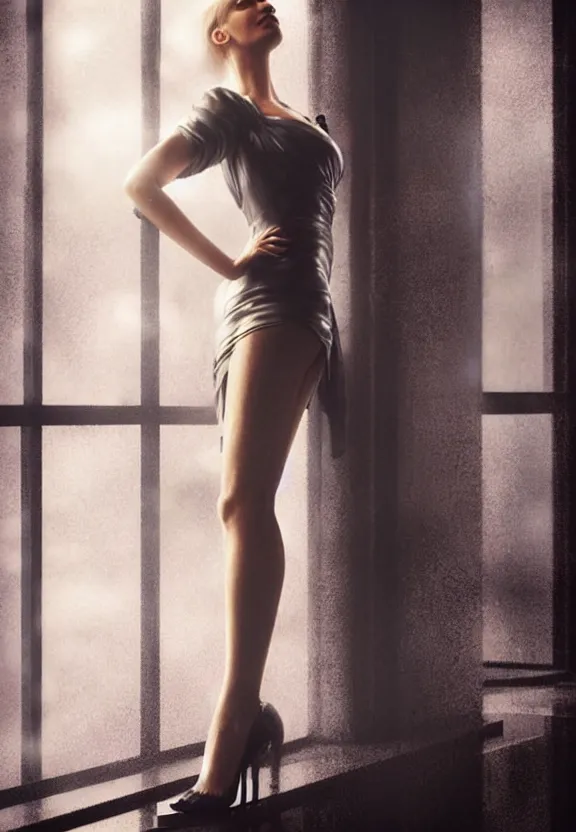 Prompt: cosmopolitan model annie leonhart posing with open toe heels in dunwall city, beautiful face, detailed face, realistic eyes, cinematic lighting, rainy weather, melancholy atmosphere, volumetric light, octane render, gothic architecture, realistic reflections, model agency, instagram photo, depression and despair