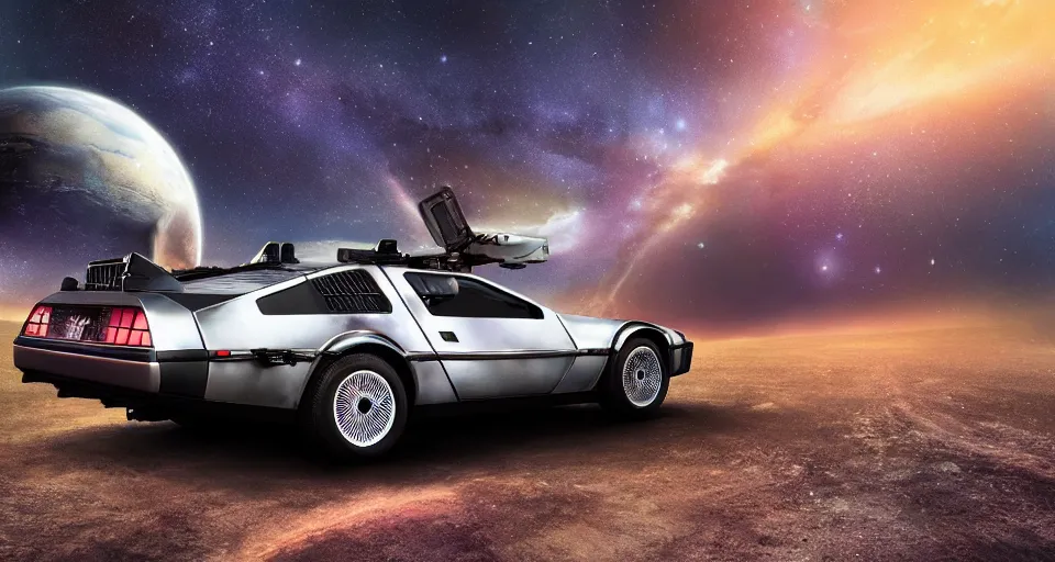 Image similar to inter dimensional sci - fi delorean far future, travelling across the stars, cosmos, galaxy, 8 k