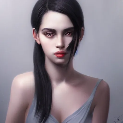 Image similar to fabulous rendition of a magnificent black haired woman, half body portrait, ethereal beauty, digital art, CGSociety, hyperdetailed, artstation, 8k