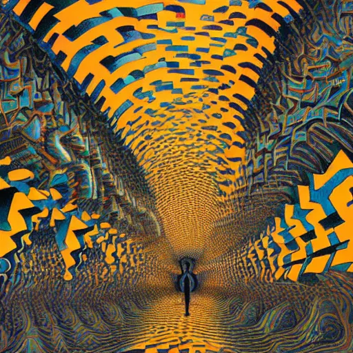 Prompt: a breathtaking 8 k resolution matte painting of a black boy lost inside a vast and endless four dimensional hall of mirrors, in a surreal psychedelic style, by m. c. escher and alex grey and android jones