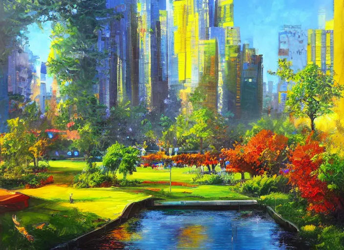 Prompt: bright beautiful oil painting of a futuristic city park by Viktor Tsvetkov