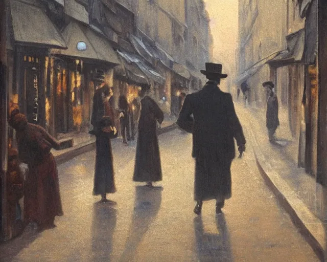 Image similar to a ragged clothed man begging on a street in early 2 0 th century paris. he has a top hat. street lights. evening. warm atmosphere. epic scene. blue vivid colours. 4 k, hyperdetailed. realism