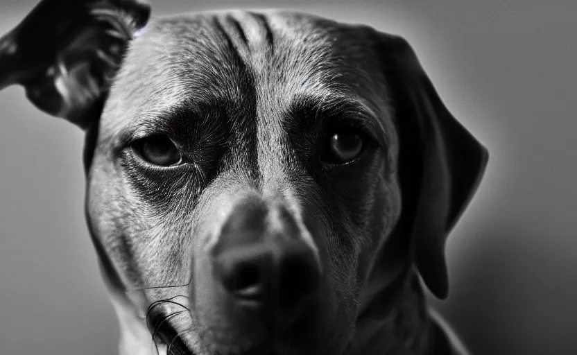 Image similar to movie still of a dog, detailed face, cinematic lighting, 8 k