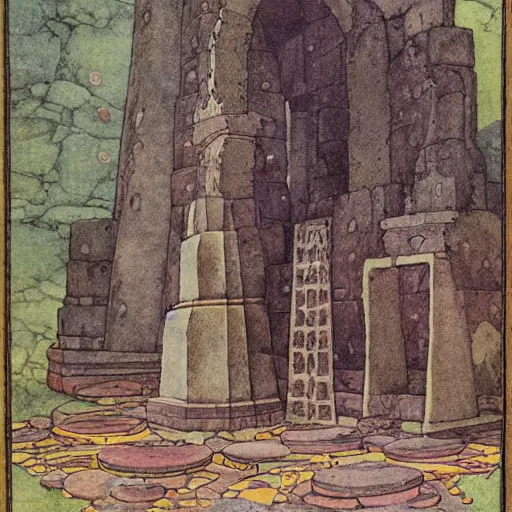 Prompt: highly detailed illustration of an ancient temple filled with magical energy by edmund dulac and android jones, scans from museum collection, opical illusion, mind blowing, strange