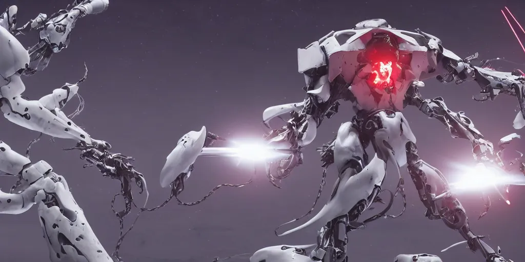 Image similar to white mecha armed with a long and thin lance fights against a giant horrifying tentacles monster made of real flesh, dark stellar space, highly detailed, flashy red lights, tsutomu nihei style, rendered in blender