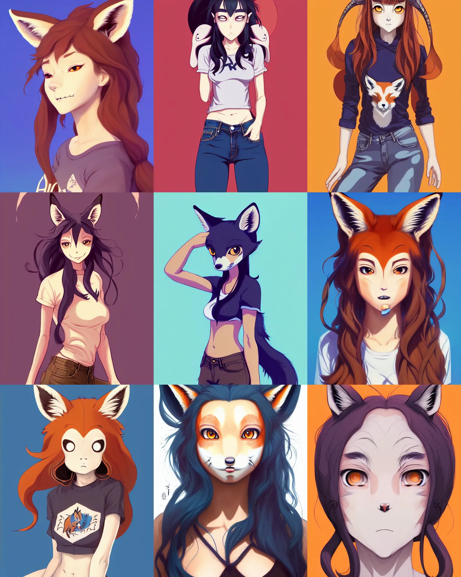 Prompt: fullbody shot of wild half - fox woman with fox nose and ears, wearing summer jeans shorts and tshirt, anime art, concept art, detailed attractive face with fox nose and fox mouth, symmetrical, trending on pixiv, by lois van baarle by sung choi by john kirby artgerm style pascal blanche and magali villeneuve and hayao miyazaki