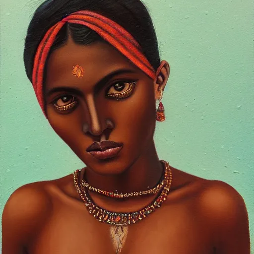 Image similar to A portrait of a thin trendy and gorgeous non-binary person, dark skin tone, Indian, oil painting, majestic, detailed, high resolution