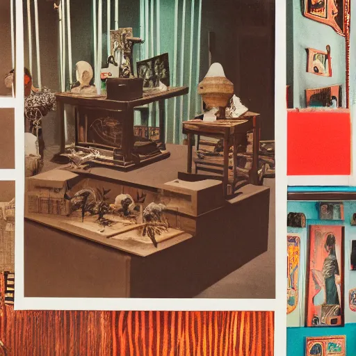 Image similar to A three color offset photography of objects on display, anthropology of wonder, exotic artifacts, bauhaus, colonial expedition, exhibition, 60s style