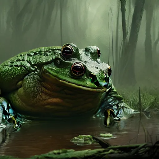 Prompt: giant frog beast in swamp, by greg rutkowski, digital art, magic the gathering, 4 k, matte painting