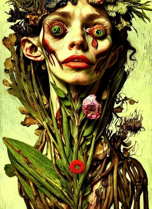 Prompt: beautiful and detailed rotten woman made of plants and many different types of flowers, muscles, intricate, organs, ornate, surreal, miguel angel, gustave courbet, caravaggio, romero ressendi, van gogh