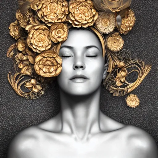 Image similar to beatifull face portrait of a woman, 150 mm, anatomical, flesh, flowers, mandelbrot fractal, facial muscles, veins, arteries, intricate, golden ratio, full frame, microscopic, elegant, highly detailed, ornate, ornament, sculpture, elegant , luxury, beautifully lit, ray trace, octane render in the style of peter Gric , alex grey and Romero Ressendi