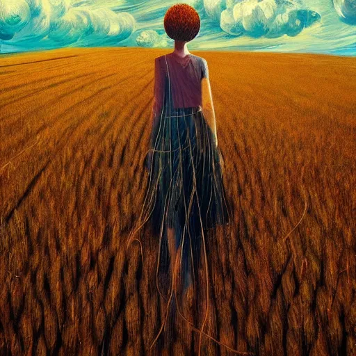 Prompt: giant flower as a head, girl walking in wheat field, hills, surreal photography, dark night, star trails, dramatic light, impressionist painting, clouds, digital painting, artstation, simon stalenhag